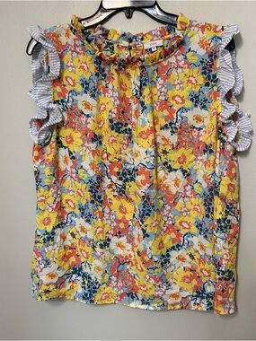 VOY Women’s M Blouse Top Floral Ruffle Sleeve Beach Vacation EUC